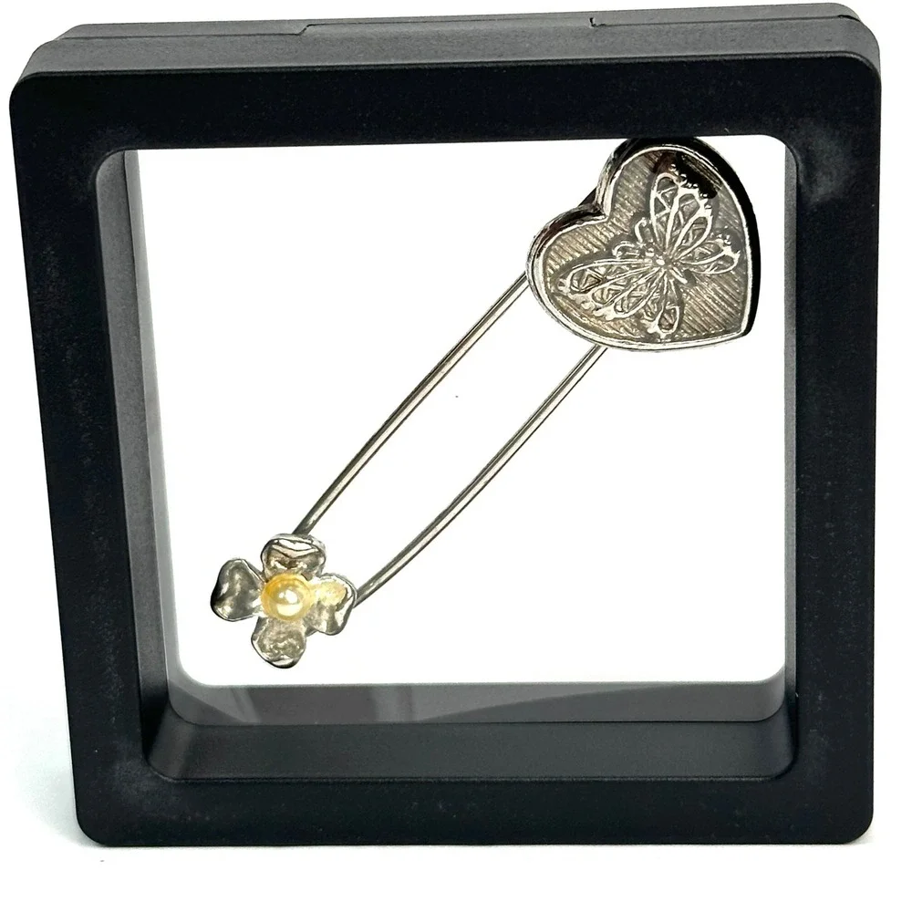 Vintage Style Butterfly Heart Flower Safety Pin Brooch Women OS Silver Tone Pin